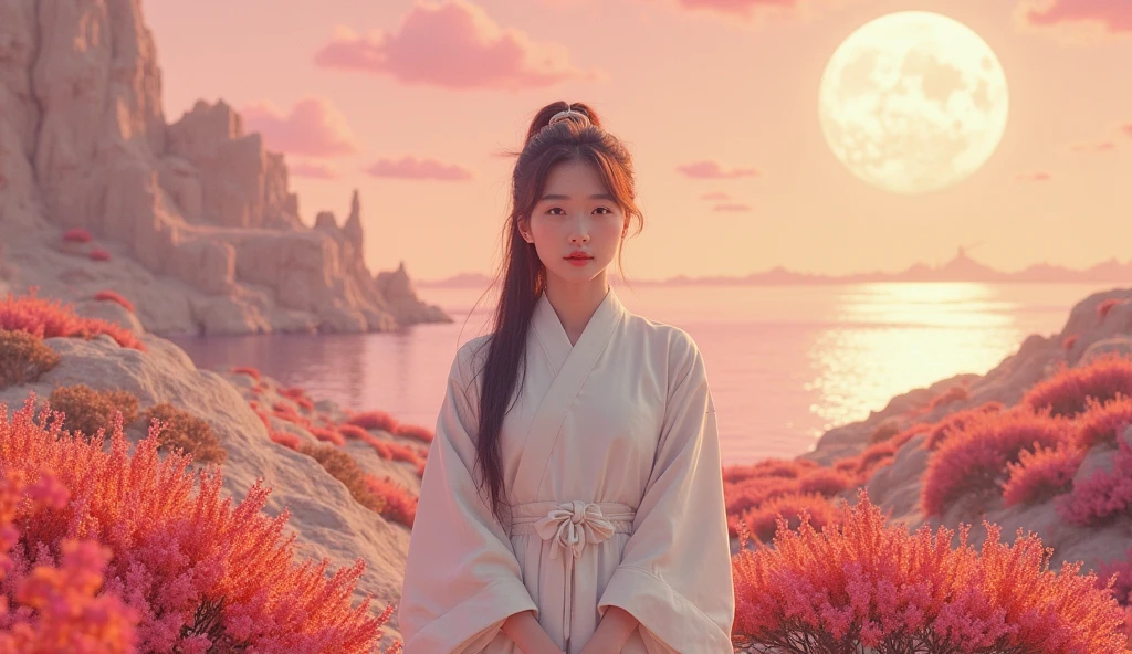 A beautiful Korean woman in a traditional white suit stands on Saturn's moon. Looking directly at the camera. The face is occupied by 1/3 pictures . She is surrounded by lush alien vegetation with bright colors in full bloom. In the distance, a calm sea shimmers under a golden pink sky, spacecraft and buildings of a highly developed forerunner civilization (polygonal masonry). Moon planet in the sky. The landscape is surreal and breathtaking, combining Japanese elegance with a sci-fi environment, inspired by Venus. soft lighting, high detail,  dreamy ,  ???? atmosphere .