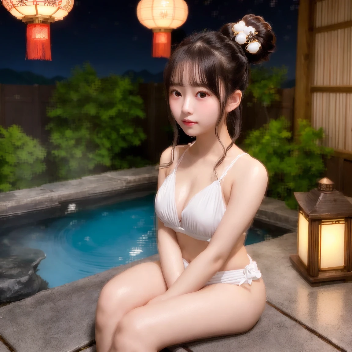 A high resolution, Best quality, 1girl solo, Kamisato_Ayaka, Sitting, From above, view the viewer, Light smile, wading, Wet hair, Night, pool-side, Japan Onsen Kyosaku, Best quality, the wallpaper