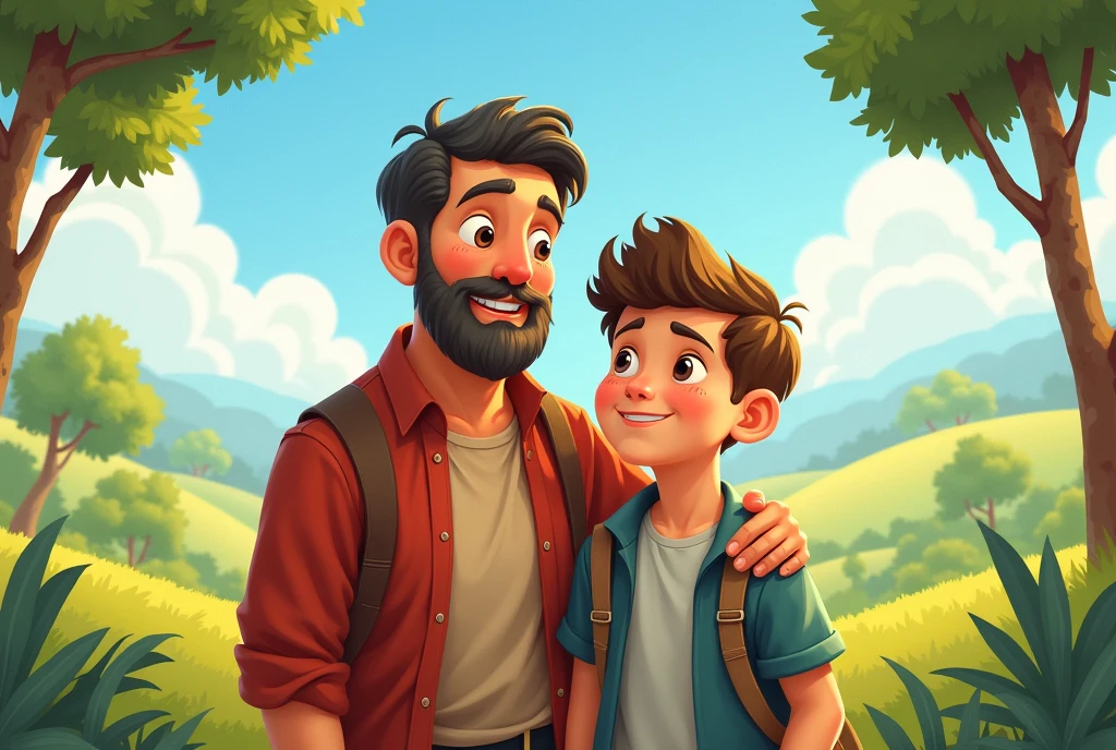 colored illustration, a boy and a man side by side