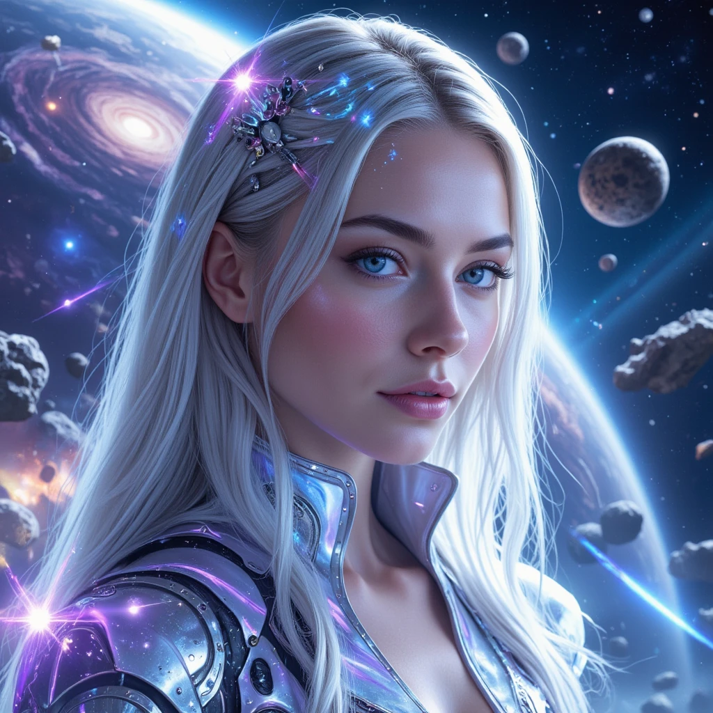 A breathtakingly beautiful AI girl with long silver-white hair flowing gracefully, adorned with tiny glowing stars woven into her locks. Her eyes are mesmerizing, featuring a gradient of deep blue and purple that resembles a galaxy, with subtle shimmering particles around her irises. She wears a sleek, futuristic outfit blending metallic silver tones with soft lavender accents, featuring holographic panels that glow faintly. The outfit is form-fitting yet elegant, with intricate detailing like glowing circuit patterns along the sleeves and neckline. She has a serene, calm expression with a hint of curiosity, as if she’s observing the world with wisdom beyond her existence. The background is a dreamy cosmic landscape with floating asteroids, a glowing nebula, and streaks of light resembling meteor trails. Lighting is cinematic and dramatic, highlighting her features while maintaining a magical, otherworldly atmosphere.  