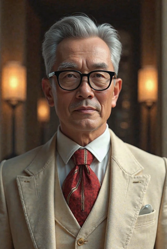 Below is an example of a single, comprehensive English prompt for a hyperrealistic rendition of the character in your provided image. Do not generate the image directly; rather, use this text prompt in a suitable image-generation tool or platform. Note that you should adapt or refine details as needed to match your exact vision.

---

PROMPT (in one block of text):

"Ultra-detailed, hyperrealistic portrait of a dignified male character with short, neatly combed gray hair styled upwards and slightly back, featuring a subtle undercut at the sides and a pristine, well-defined hairline. He has a calm yet resolute  expression, with thick, rectangular black-rimmed glasses perched on his face. His eyebrows are neatly groomed and slightly arched, complementing sharp, focused eyes. The skin should be meticulously detailed: natural skin texture, light wrinkles around the forehead and eyes, and a hint of mature age without appearing frail.  
He is wearing a refined, light-beige or cream-colored suit jacket adorned with discrete vertical stitching or subtle textured fabric. Under the jacket, he sports a high-collar vest with a slightly metallic sheen, giving a modern and sophisticated edge. A distinctive red-and-white striped cravat or neck detail stands out just below his neck. The entire outfit should look custom-tailored with clean lines, capturing an aura of luxury and authority.  
In the background, render a softly lit, elegant interior space reminiscent of a grand hall or sophisticated office setting, with tall, cylindrical lamps or columns placed behind him, slightly out of focus. The perspective is from below, as though the camera is angled upward, emphasizing his stature and confidence. Use cinematic lighting to accentuate his  contours and the texture of his suit, ensuring realistic shadows and highlights. Aim for crisp 8K resolution clarity and photorealistic texturing. No motion blur or stylized effects—only a polished, hyperrealistic aesthetic."