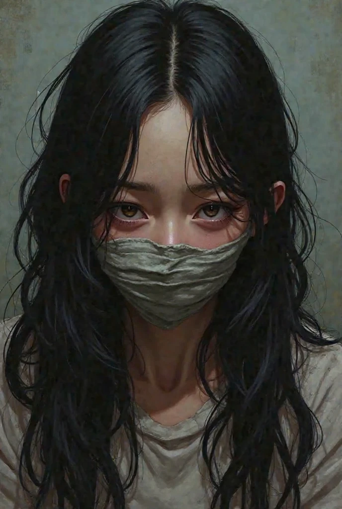 Draw a vaccinated girl with black long hair, whose mouth is tied up with cloth that is too tightly attached to me 