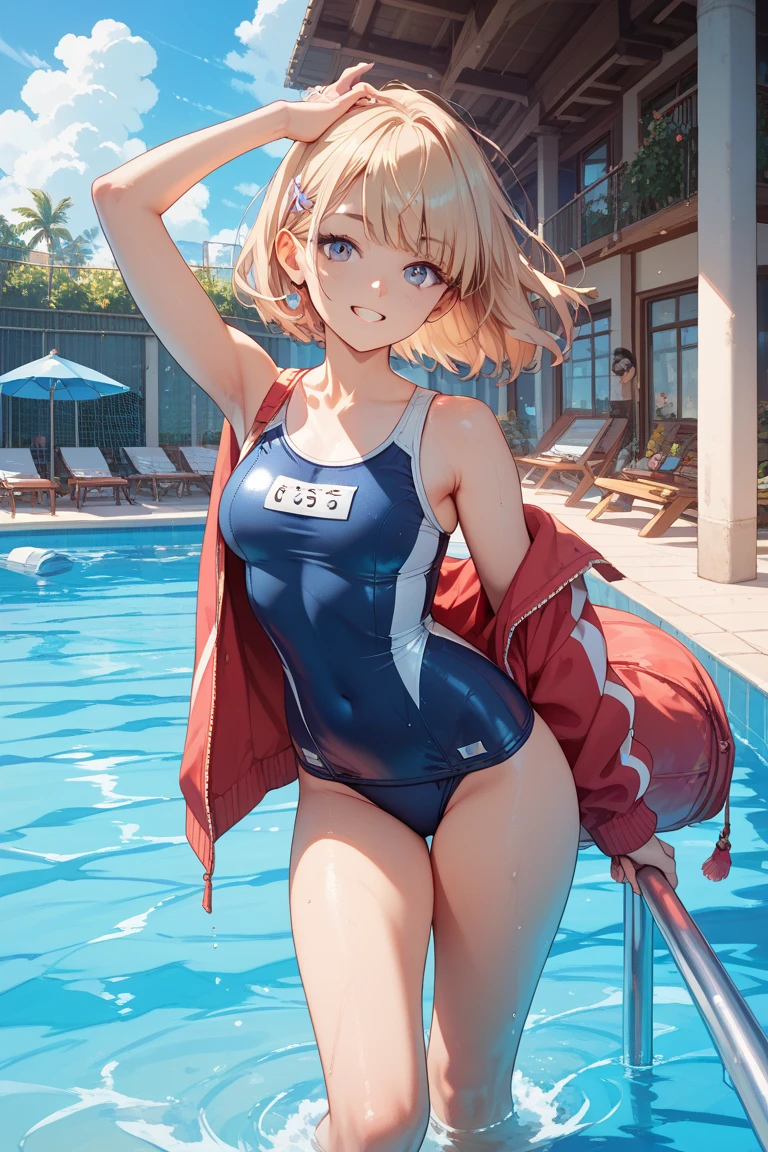 School Swimsuit,,Blushing、Pale red eyes、Light cream colored hair、short hair、Head to toe full body、Blushing、Embarrassed look、Composition from the front、A view from slightly below、school swimwear、Acme Face、Random pose、, 、nsfw、Highest quality、1 girl、solo、Ocean、Sandy Beach、Sexy pose、Random pose、Blushing、Wet、Embarrassed、I can see half of my 、、One piece swimsuit、(Strap slip:1.3)、School Swimsuit