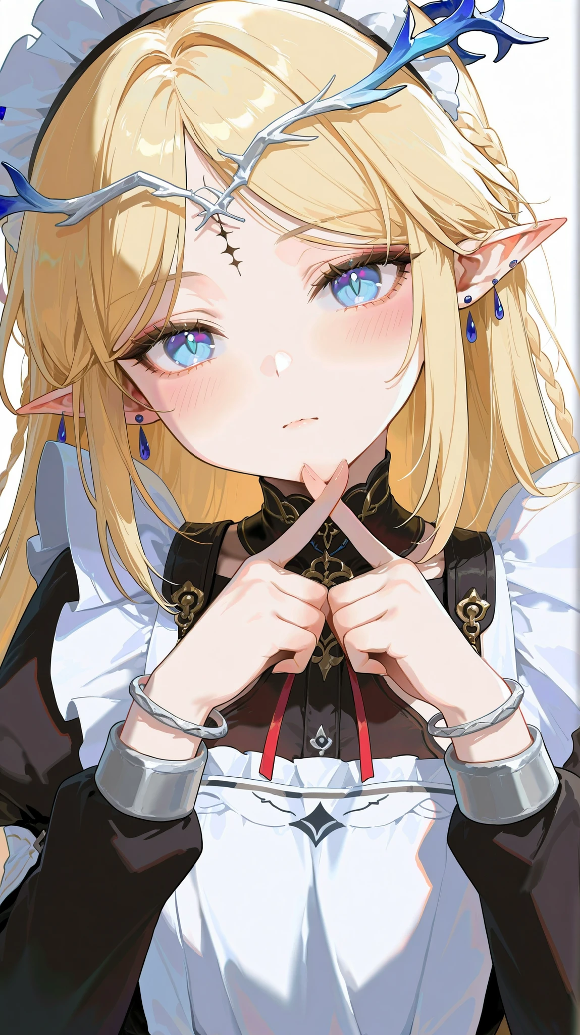masterpiece, top quality, best quality, official art, beautiful and aesthetic:1.2),(8k, best quality, masterpiece:1.2), (((masterpiece))),(((best quality))),(((extremely detailed))), illustration, who, (masterpiece, top quality, best quality, official art, beautiful and aesthetic:1.2),(8k, best quality, masterpiece:1.2), 1girl,cartethyia_\(wuthering_waves\),solo,blue eyes,long hair,jewellery,pointed ears,blonde hair,earrings,braids,bracelet,very long hair,sideburns,tiara, 1girl, pointy ears, solo, maid, apron, blue eyes, long hair, jewelry, long sleeves, maid headdress, blush, looking at viewer, blonde hair, earrings, puffy sleeves, parted bangs, white apron, horns, black dress, upper body, dress, maid apron, closed mouth, juliet sleeves, head tilt, frilled apron, braid, red ribbon, very long hair, white background, simple background