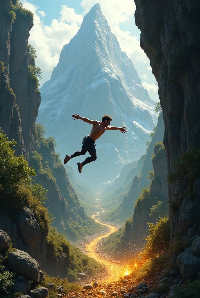 A person falls from the top of a mountain and at the bottom there are treasures
