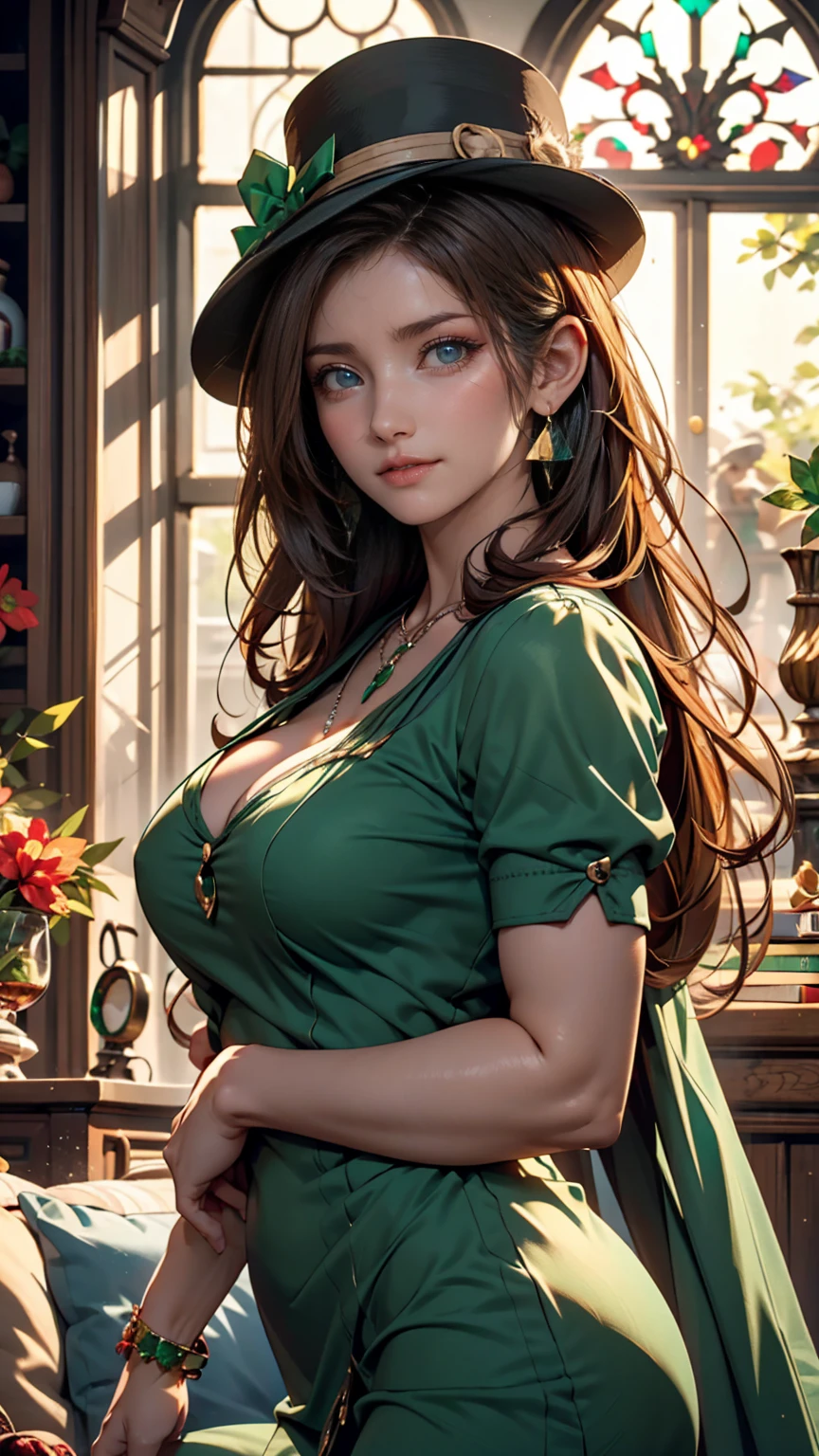 top quality, professional lighting, natural light, very detailed, realistic, beautifully detailed eyes,fairytale scene, holy. St. Patrick's Day ,1 girl, 18, cute,pale skin, green eyes, ginger hair, makeup, earrings, green dress,  clover necklace, Ireland,cowboy shot,smile,green top hat ,stare at viewers with pretty big breasts,Raise your arms, Grab Hat, place your hand on your chin