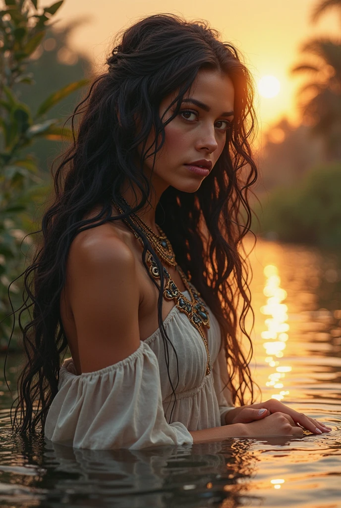 Young Egyptian woman  ,  linda, Long hair in waves, Touching the water of a river reflecting the sunset. full lips