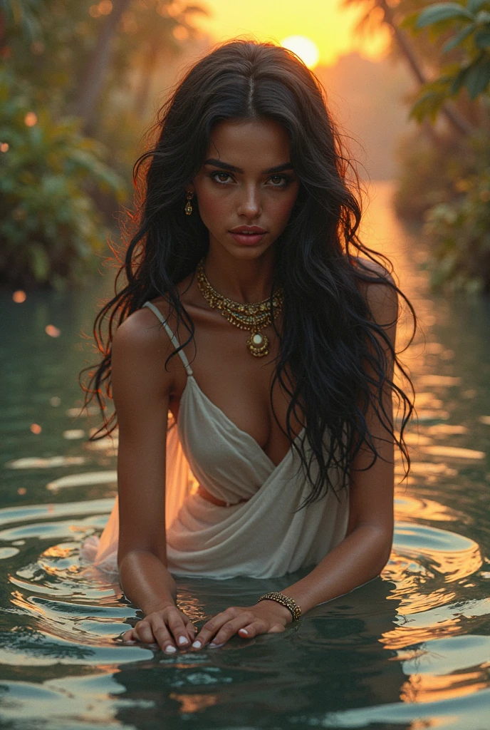 Young Egyptian woman  ,  linda, Long hair in waves, Touching the water of a river reflecting the sunset. full lips