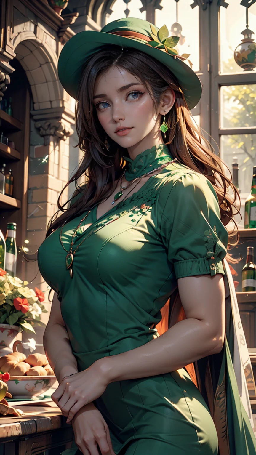 top quality, professional lighting, natural light, very detailed, realistic, beautifully detailed eyes,fairytale scene, holy. St. Patrick's Day ,1 girl, 18, cute,pale skin, green eyes, ginger hair, makeup, earrings, green dress,  clover necklace, Ireland,cowboy shot,smile,green top hat ,stare at viewers with pretty big breasts,Raise your arms, Grab Hat, place your hand on your chin