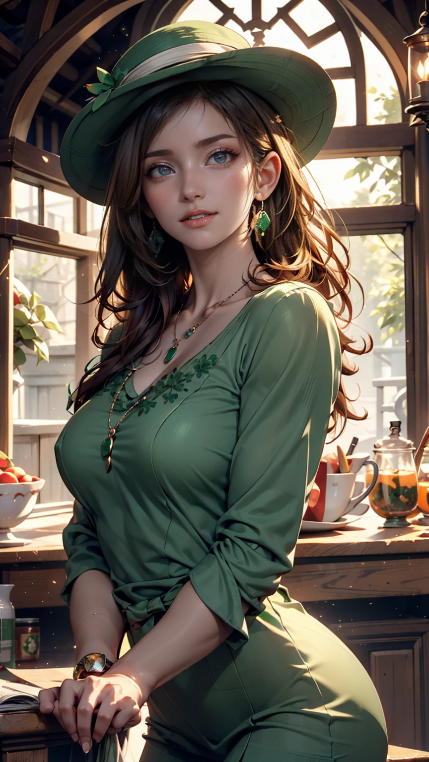 Luma is a elegant person, she is beautiful And have a strong posture, she has breasts that have a voluminous proportion, a pear feminine silhouette, Auburn hair, long Auburn hair, She has expressive eyes, ( Only eyes olive green) Her skin is fair and she has some light freckles on her cheek bones, busty, Farm, Brown rustic clothes, boho clothes, farm boho fashion clothes, romantic vibes, fire lights, fire sparkles, flowers clothes the hair to be half straight and half with curled ends cartoon, sultry look, seductive,