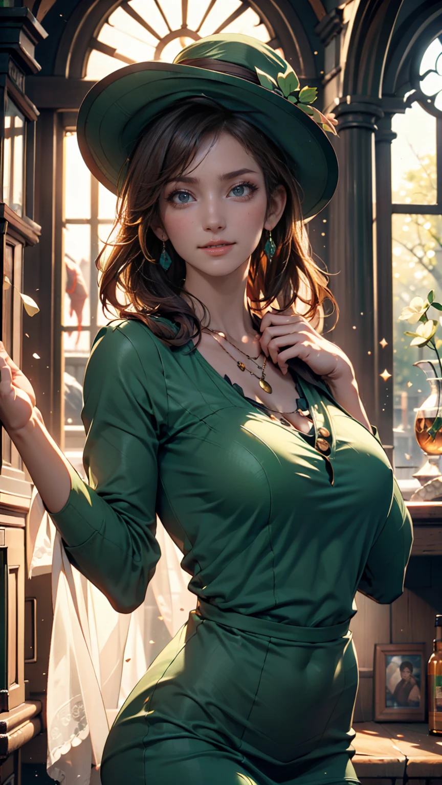 top quality, professional lighting, natural light, very detailed, realistic, beautifully detailed eyes,fairytale scene, holy. St. Patrick's Day ,1 girl, 18, cute,pale skin, green eyes, ginger hair, makeup, earrings, green dress,  clover necklace, Ireland,cowboy shot,smile,green top hat ,stare at viewers with pretty big breasts,Raise your arms, Grab Hat, place your hand on your chin