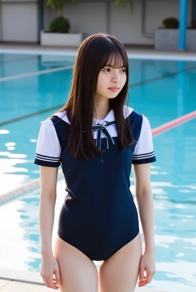 Standing by the pool at an empty school、Japanese high school girl、Cute face like an idol、Summer clothes、mini skirt、Long black hair、Smiling、Full body portrait
