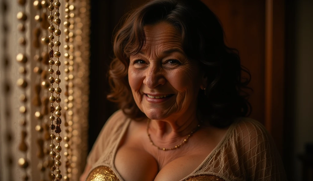 最high quality, 8K, Masseter muscle part, lively, sharp focus, high quality, High resolution, solo, japanese woman, 85 years old, (Full body Esbian), Knitted maxi dress, Place your arms in front of your thighs, ((Highly detailed and realistic facial wrinkles)), (highly detailed eyes), (thick lips), ((look at the audience)), Plump body shape, beautifully styled hair, big cleavage, big bulging nipples, Beige dresses, bed time