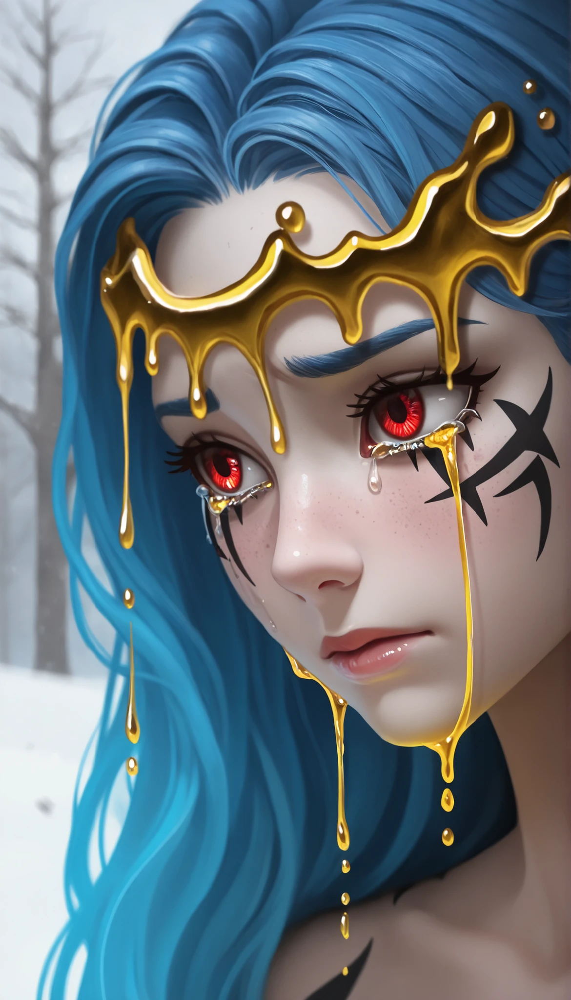 1 girl,looking sideways,shy,Freezes,snow, close,Beauty,Composition,contrast with red eyes and blue hair,facial focus,Crying yellow tears,super detailed eyes,liquid gold,Dramatic scene ,Yellow blood,Ring of blood on the head,Ring of light on the head,facial tattoo,black tattoo of wild animals
