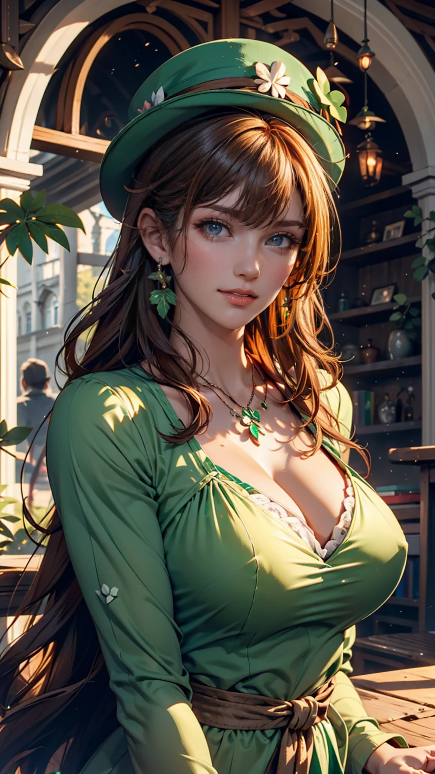 top quality, professional lighting, natural light, very detailed, realistic, beautifully detailed eyes,fairytale scene, holy. St. Patrick's Day ,1 girl, 18, cute,pale skin, green eyes, ginger hair, makeup, earrings, green dress,  clover necklace, Ireland,cowboy shot,smile,green top hat ,stare at viewers with pretty big breasts,Raise your arms, Grab Hat, place your hand on your chin