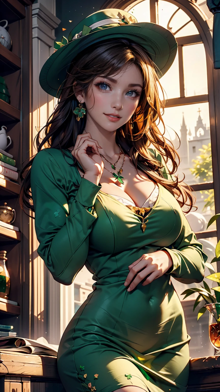 a woman of about 2, big attributes and big butt, by white, high, bank worker in medieval times, green eyes, anime style