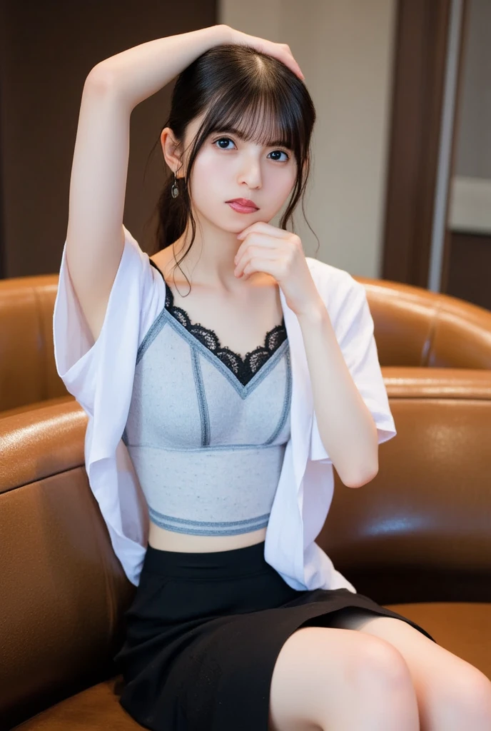 (((masterpiece, highest quality, Very detailed))), 1 female, (((very thin body))) , (((length, Thin legs))), (((Black Short Hair, Thick and fluffy bangs ))), (((Very detailedな顔))), Cosmetics Free, Small, thin nose, small thin mouth, (((Extremely sharply focused eyes))), Japanese, Beautiful Face, (A vivid face), Beautiful Hairstyles, Realistic eyes, Beautiful and beautiful eyes, (Realistic Skin), (Blue jogging pants with white lines:1.3,),((Black lace bra on)),locker room,Large windows,bright sunlight from the window,highlight