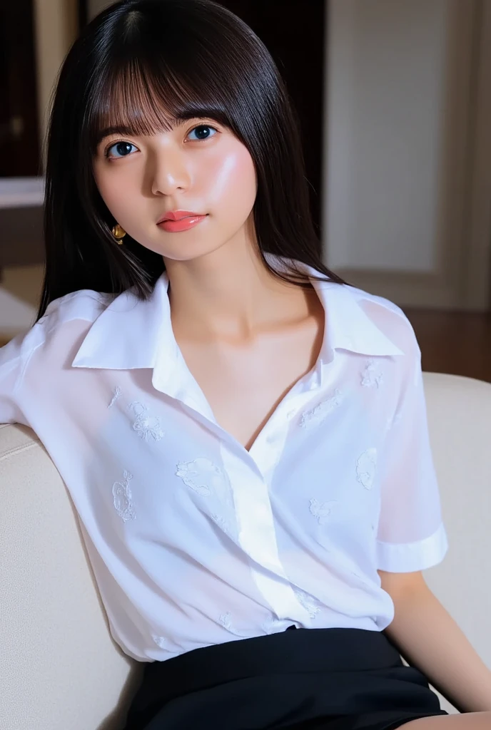 Sit with your knees raised, Ecstatic expression, Cute junior high school girl, Looking at me, Sexy face, With legs apart, Open your legs, Open-chested clothing, Big breasted, Wet, Soaking wet, Leaning forward, Revealing clothing, See-through clothing, Maid clothes