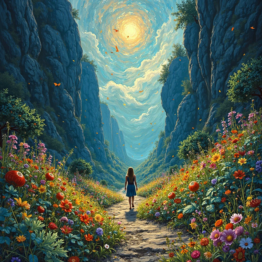 Make me fall from a dark and lonely place to a place full of nature, vegetables, beauty and light in the style of Van Gogh