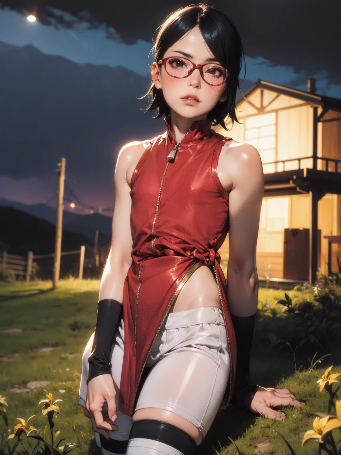 Sarada Uchiha, high resolution 4K masterpiece in detail, black hair glasses , Sarada is in a forest changing clothes her hands are up taking off her red shirt showing her armpits , medium chest blue bra covered in sweat while removing her shirt, She's wearing just a blue thong, all sweaty from the hot day, and she's smiling in her underwear while being watched as she disrobes.