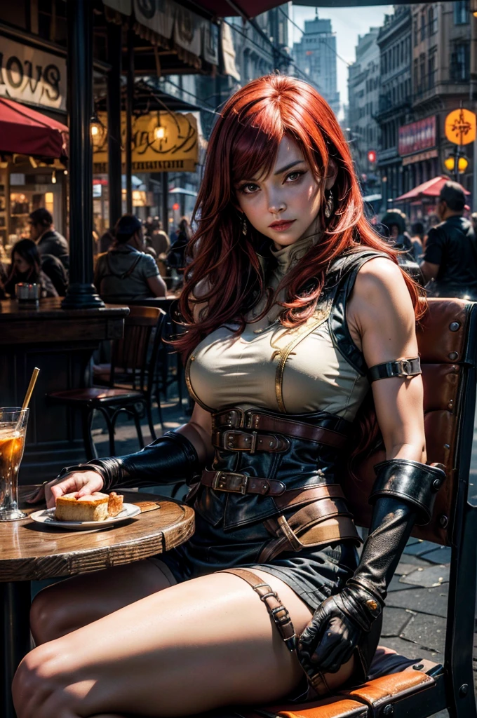 masterpiece, best quality, highres, erza scarlet, fairy tail, smile, long hair , red hair , hair over one eye , brown eyes , ????????????? , black cropped t-shirt, black leggings, leather corset, gauntlets, decorated leg plates , brown elbow-pads, ((short red hooded sleeveless jacket with gold details)), shoulder armor, straps, holding weapon, lance, sitting in a street cafe chair in busy dieselpunk city , city center, 1950's design cars, crowd in dieselpunk fashions, cowboy shot, looking at viewer, masterpiece,stunning girlfriend, heart shaped face, elegant face, beautiful face, highly detailed face, highly detailed skin, skin pores, subsurface scattering, realistic pupils, looking at viewer, full lips, detailed background, depth of field, atmospheric perspective, volumetric lighting, sharp focus, absurdres, realistic proportions, good ???????, (realistic, hyperrealistic:1.4), 16k hdr,