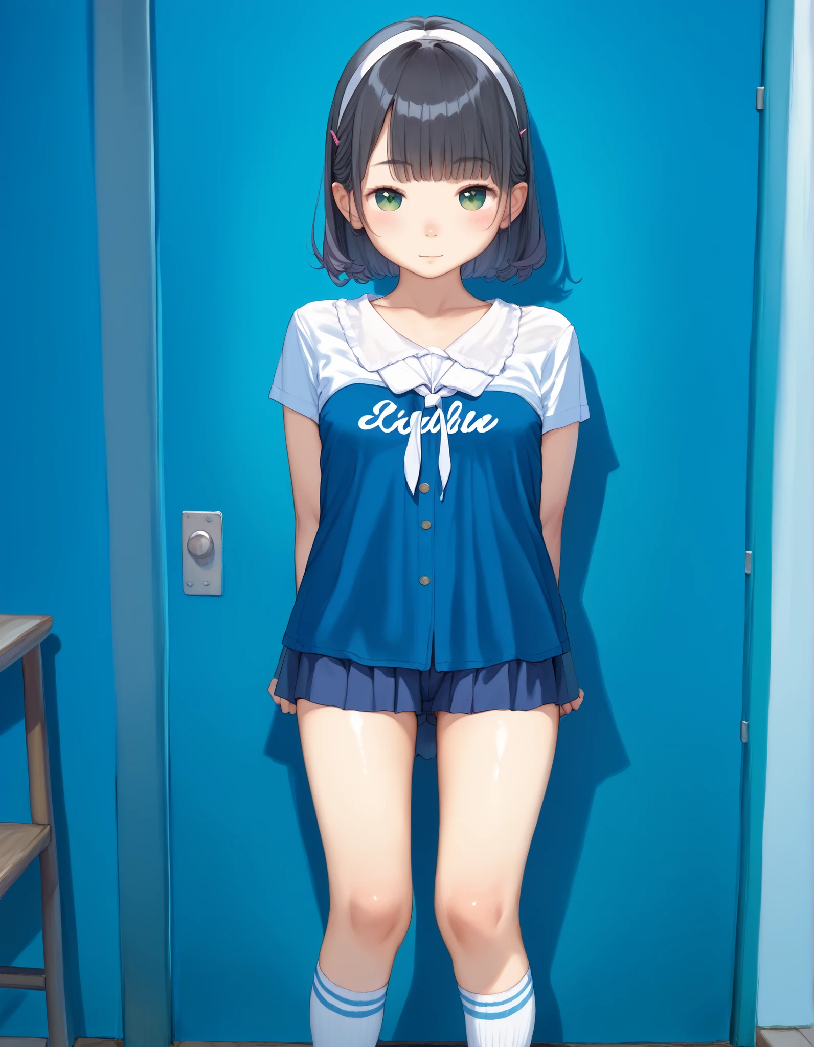 best image quality、 pretty eyes、detailed eyes、cute face、 BABY FACE、 girl、、black hair、 small breasts、knee socks、 uniform、one way hair、Watercolor representation、standing