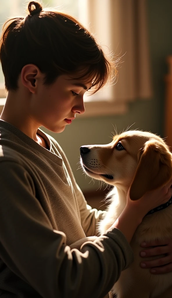 Girl with short brown hair has side bangs, He has brown eyes and freckles., It is white, there is a small yellow dog on one side of it.