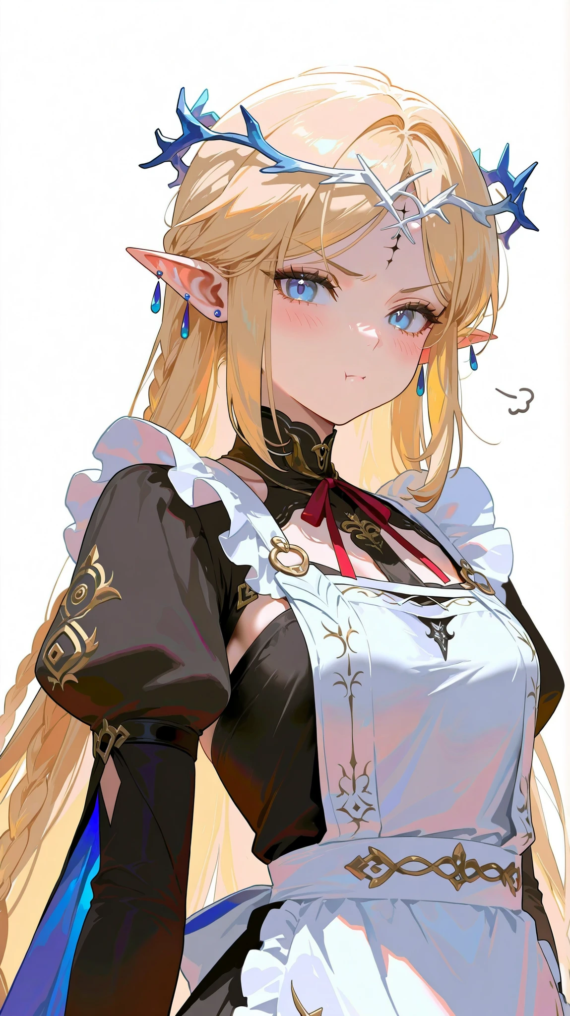 masterpiece, top quality, best quality, official art, beautiful and aesthetic:1.2),(8k, best quality, masterpiece:1.2), (((masterpiece))),(((best quality))),(((extremely detailed))), illustration, who, (masterpiece, top quality, best quality, official art, beautiful and aesthetic:1.2),(8k, best quality, masterpiece:1.2), 1girl,cartethyia_\(wuthering_waves\),solo,blue eyes,long hair,jewellery,pointed ears,blonde hair,earrings,braids,bracelet,very long hair,sideburns,tiara, 1girl, pointy ears, solo, long hair, apron, blue eyes, blush, pout, blonde hair, long sleeves, braid, looking at viewer, juliet sleeves, puffy sleeves, white apron, dress, very long hair, black dress, maid, parted bangs, jewelry, red ribbon, :t, earrings, elf, frilled apron, closed mouth, ribbon, neck ribbon, forehead mark, maid apron, v-shaped eyebrows, upper body, white background, simple background