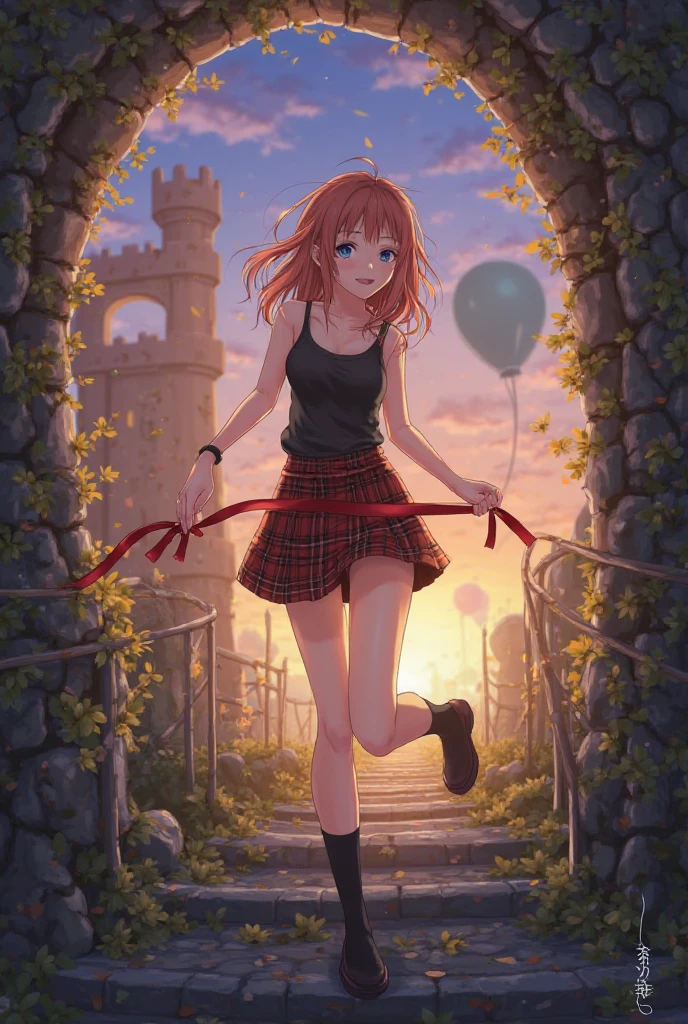reddish-brown blonde、blue hair、blue eyes、Braid、one good looking girl、solo、anime、Plaid miniskirt、camisole、black t-shirt、Tilting your face、Doing the ribbon、Ribbon at waist、sunset sky、stone stairs、tunnel、Fallen leaves、wearing glasses、Burning、Light and shadow、maze、balloon、monster castle、lanthanum、corridor、Black socks、mossy stone、One leg is raised、ladder、Gozen