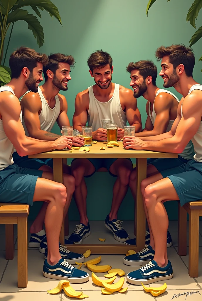 Shirtless boys in the living room