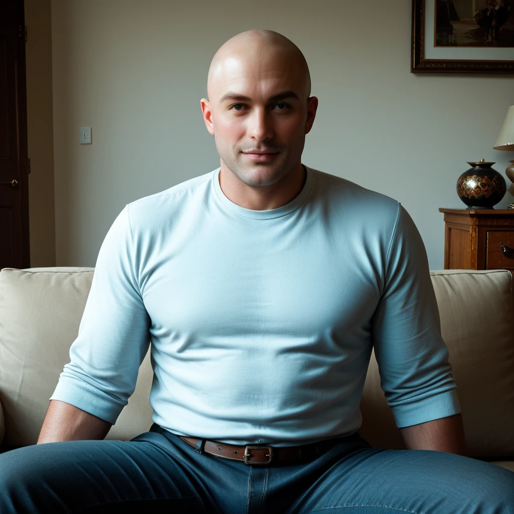 masterpiece, muscle score style, ultra photorealistic, best quality, high resolution, realistic, sharpness, detailed skin pores, real sunlight coming from the windows of luxurious house, 8k, a man, focus on man, bald and muscular man, very muscular, very tall , pale skin, very tall, American face, muscular body like a god, small waist, dressed in a suit and colbata, men's jewelry on his wrist and is sitting in the living room of a luxurious house that has the open windows covered with curtains
