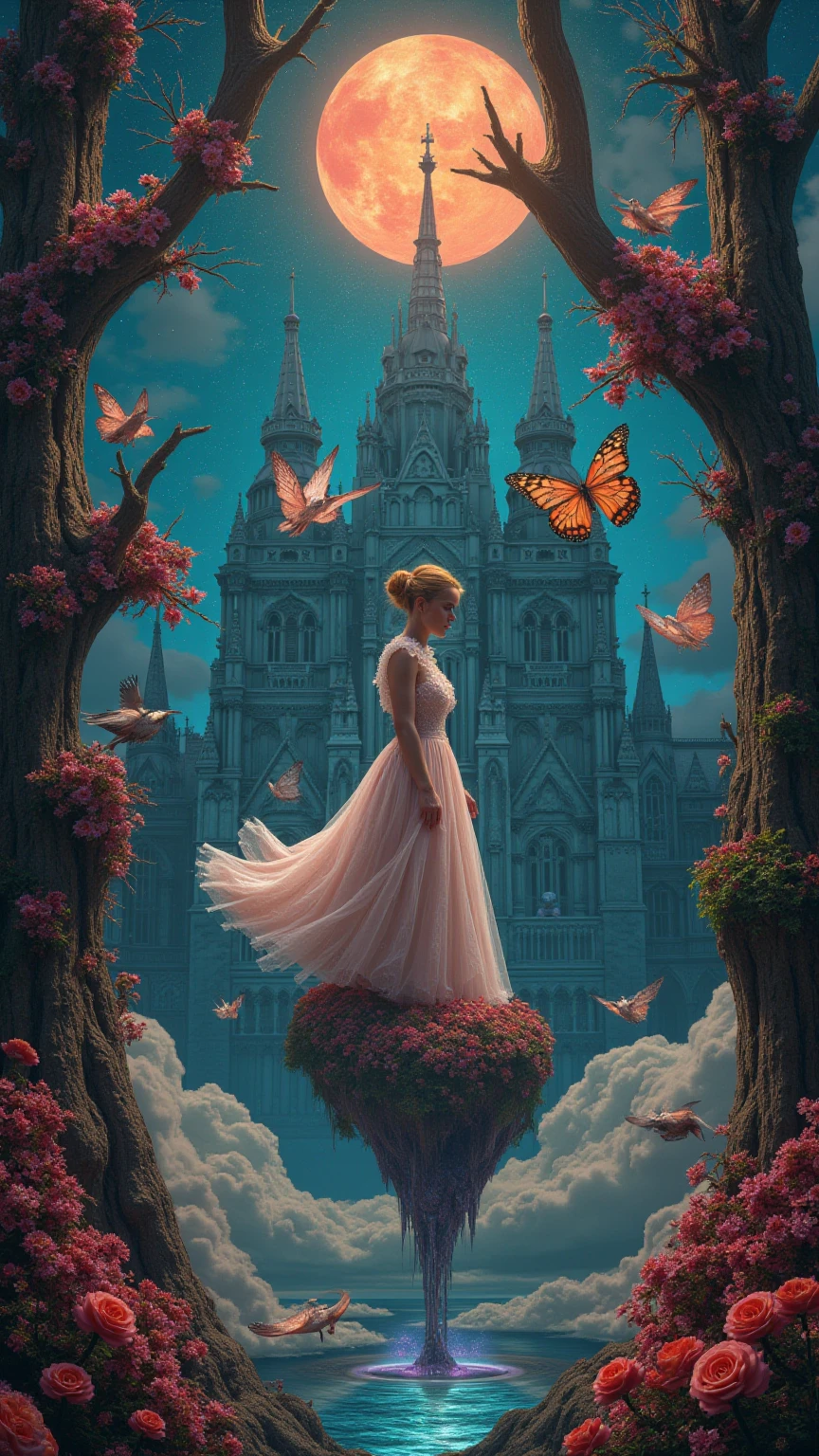 Hyper-real surreal odyssey: A woman with *cracked alabaster skin* (revealing **Hubble-grade galaxies**) floats atop a **collapsing Fibonacci clock** dripping molten equations. Her gown—**bioluminescent moth wings/silk**—shimmers as hair fractures into **oak branches holding quartz thrushes** with snowflake-feathers. Behind her, a **steampunk elephant** with hydraulic legs stomps a mercury lake, birthing **amethyst geodes** that bloom into **storm-cloud jellyfish**. The sky splinters: one shard holds an **acid-eaten Gothic cathedral**, another a **Jurassic tree with typewriter bark/heart-fruit**. Reality splits—above, **Victorian brass spires**; below, **coral shadows with MRI anatomies**. A **black-hole sun** spews **parchment crows etched with equations**. **Clockwork raccoons** pilot submarines, hunting neon ghosts. Her shadow becomes **Chernobyl-stag antlers**. Palette: **toxic malachite skies**, **hydrothermal blacks**, blood-crimson flora. Mood: *Awe-dread*.  

**Tags:**  
`#hyperreal_apocalypse #scifi_gothic`  

*Dense, tactile, clawing at reality’s seams. 998 chars.* ⚙️🌌