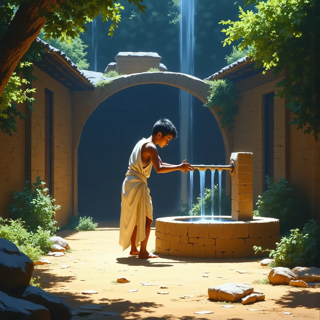 create a cute boy,positioned in the corner of image ,big environment, dressed in a sarong and a white vest ,traditional village style, bathing a bucket of water from well
