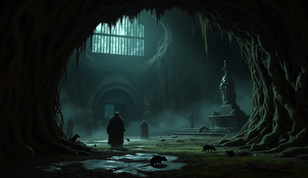 underground prison, view from prison bars, underground cave, mossy stone walls, damp atmosphere, cursed dungeon, dark souls 1 atmosphere, eerie shadows, broken underground statues, decaying cave architecture, oppressive darkness, in the shadows, twisted roots, haunted cave crypt, prison bars. desolate, sinister prison, rats, dark silhouettes, heavy fog, abandoned altar, gothic horror, dark tunnels, forgotten realm, dark souls, rustic, rats
