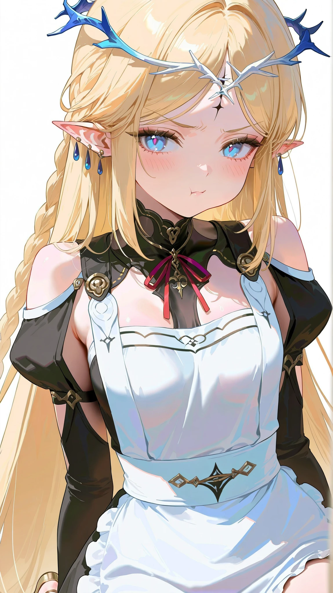 masterpiece, top quality, best quality, official art, beautiful and aesthetic:1.2),(8k, best quality, masterpiece:1.2), (((masterpiece))),(((best quality))),(((extremely detailed))), illustration, who, (masterpiece, top quality, best quality, official art, beautiful and aesthetic:1.2),(8k, best quality, masterpiece:1.2), 1girl,cartethyia_\(wuthering_waves\),solo,blue eyes,long hair,jewelry,pointy ears,dress,blonde hair,bare shoulders,earrings,high heels,braid,strappy heels,bare legs,bracelet,very long hair,sidelocks,tiara,black dress,short dress,toenails,toes,sandals, white background, simple background, 1girl, pointy ears, solo, long hair, apron, blue eyes, blush, pout, blonde hair, long sleeves, braid, looking at viewer, juliet sleeves, puffy sleeves, white apron, dress, very long hair, black dress, maid, parted bangs, jewelry, red ribbon, :t, earrings, elf, frilled apron, closed mouth, ribbon, neck ribbon, forehead mark, maid apron, v-shaped eyebrows, upper body