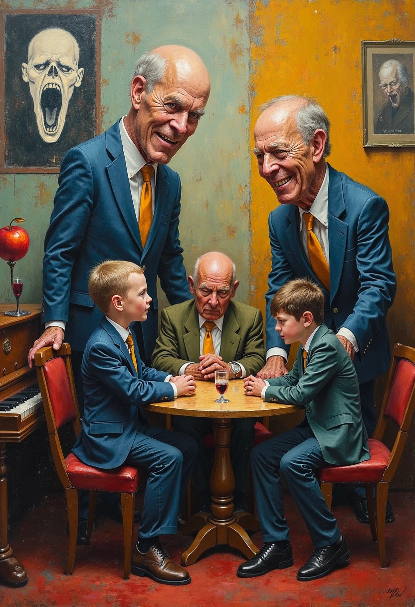 I want an oil painting with an impressionist technique and a distinct brushstroke and separated colors. 
I want it to be of these characters: 
Two giants and two humans sitting around a table, 
The painting should be a scream and an apple on the walls, 
And in the corner of the piano, there should be a drink