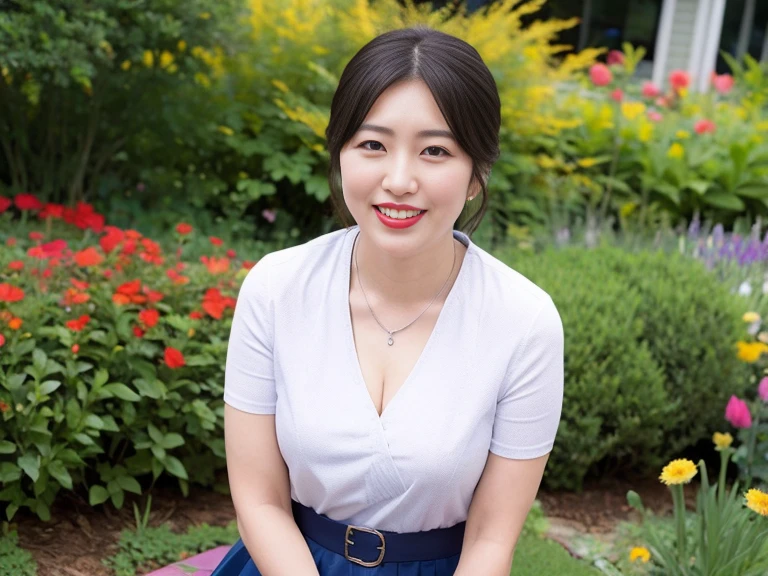 Sitting on a park bench, Wrinkles around the eyes, Smiling with teeth showing, Plain short-sleeved clothing, senior citizen, Draw lips correctly, Red lipstick, No discomfort, 16K, Highest quality, Very detailed, Realistic, Very detailed肌, (Japanese), (alone), 60 years old, Large Breasts, , Glamour, sexy, Chromo White Skin, Staring straight ahead,