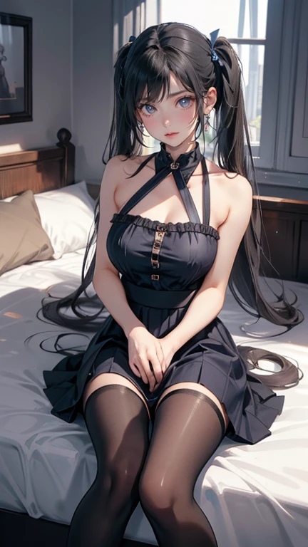 Create a sweet and gentle femboy in a sheer black dress, sitting on the bed., that her bra is visible and her large breasts are visible, and that her legs are open, and she has a small penis, and behind him another naked femboy with big breasts and a big penis is created, ejaculating