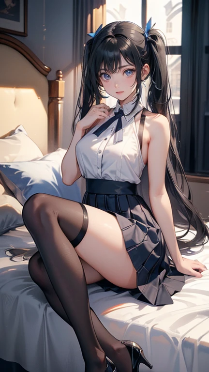 anime, 1 girl, cat girl, cat ears, perfect face, Radiant skin, Beautiful long flowing hair very huge breasts, Open breasts,Bare shoulders exposed, arms exposed, Slim toned body, cute posture, sitting on a small cat bed, Slim white shirt with tie, Tight black skirt, High skirt, five fingers, long legs, 8 k artistic photography, Conceptual art of photorealism, soft natural volumetric cinematic perfect light, epic, Trending on Artstationh, vibrant, Production of a cinematic character, very high quality model, Chiaroscuro