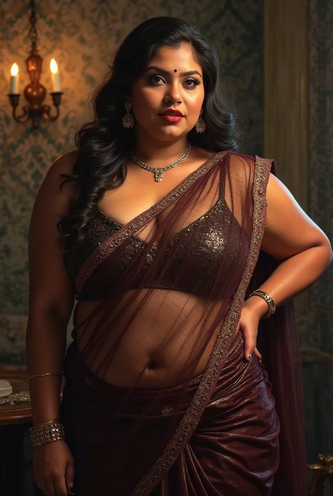 Indian south Mumbai high society sexy escort whore aunty in sexy saree, (Middle-aged women), 40 years old, (chubby cheeks:1.2), (curvy body:1.3), (Wrinkles at the corners of the eyes:1.2), A indian beauty, carismatic,  light indian- skin, view the viewer, naughty smile