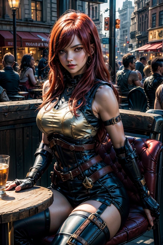 masterpiece, best quality, highres, erza scarlet, fairy tail, smile, long hair , red hair , hair over one eye , brown eyes , ????????????? , black cropped t-shirt, black leggings, leather corset, gauntlets, decorated leg plates , brown elbow-pads, ((short red hooded sleeveless jacket with gold details)), shoulder armor, straps, holding weapon, lance, sitting on table in a street cafe,  in busy dieselpunk city , city center, 1950's design cars, crowd in dieselpunk fashions, cowboy shot, looking at viewer, masterpiece,stunning girlfriend, heart shaped face, elegant face, beautiful face, highly detailed face, highly detailed skin, skin pores, subsurface scattering, realistic pupils, looking at viewer, full lips, detailed background, depth of field, atmospheric perspective, volumetric lighting, sharp focus, absurdres, realistic proportions, good ???????, (realistic, hyperrealistic:1.4), 16k hdr,