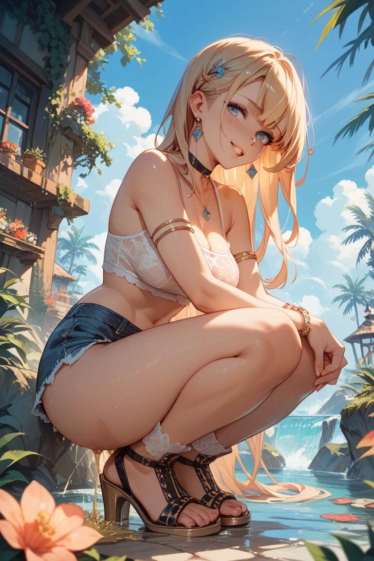 1girl, tanned, wet, seductive girl, blonde hair, wearing fishnet pantyhose, denim shorts, plain white tank top, tropical background, sunset, highres, 8k, absurdres, masterpiece, sitting in sand, legs spread, looking at viewer