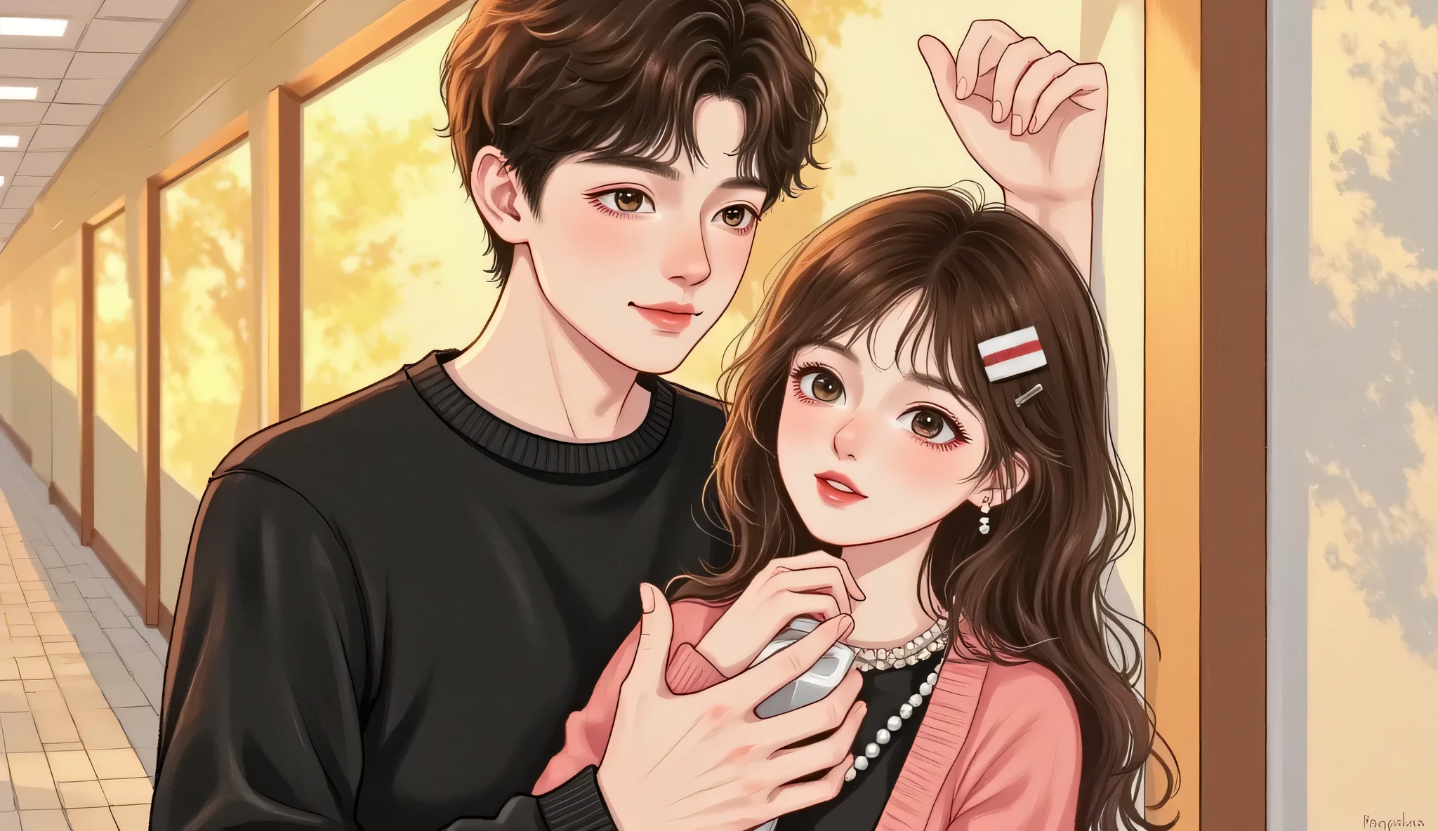 A semi-realistic, manhwa-inspired romantic scene set in a quiet high school hallway right after class. The male character is pinning the female lead against the wall with one hand, but they are not touching — there is a clear distance between them. The girl's face is clearly visible, showing a surprised and slightly flustered expression. She has douyin-style makeup: glossy lips, soft lashes, rosy cheeks. She wears a neat school uniform with a cardigan. Warm sunset light filters through the hallway windows, casting a soft glow.