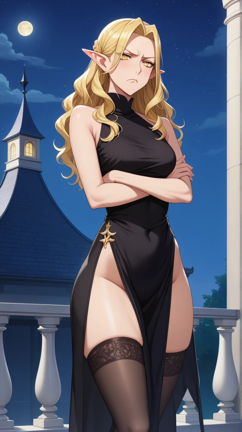 masterpiece, ultra high-quality, extremely detail 8k cg, high resolution, 1girl, pakura, green hair, orange eyes, thin body, huge breasts, bursting breasts, evening gown, halterneck, criss-cross halter, high heels, choker, beautiful face, outdoors, garden, night time, full shot photo, full body