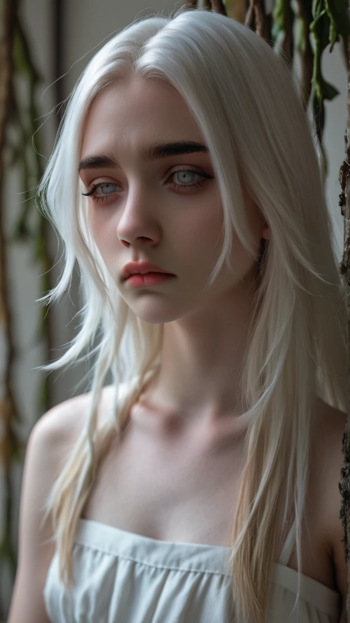 A woman with long white hair and blue eyes ,pale skin,expression of sadness ,naked,Unclothed,long breasts,in a dark horror environment
