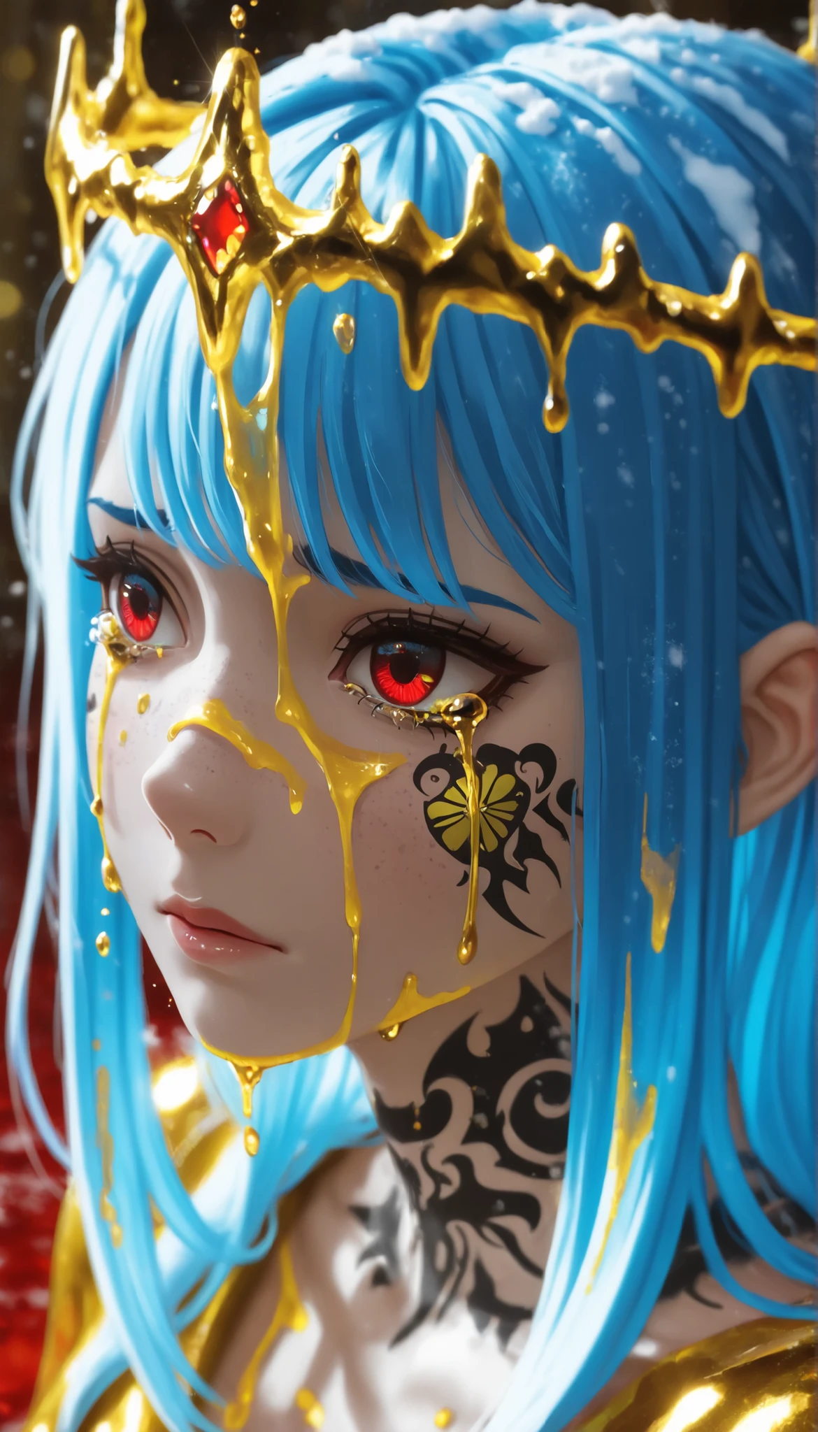 1 girl,looking sideways,shy,Freezes,snow, close,Beauty,Composition,contrast with red eyes and blue hair,facial focus,Crying yellow tears,super detailed eyes,liquid gold,Dramatic scene ,Yellow blood,Ring of blood on the head,Ring of light on the head,facial tattoo,black tattoo of wild animals