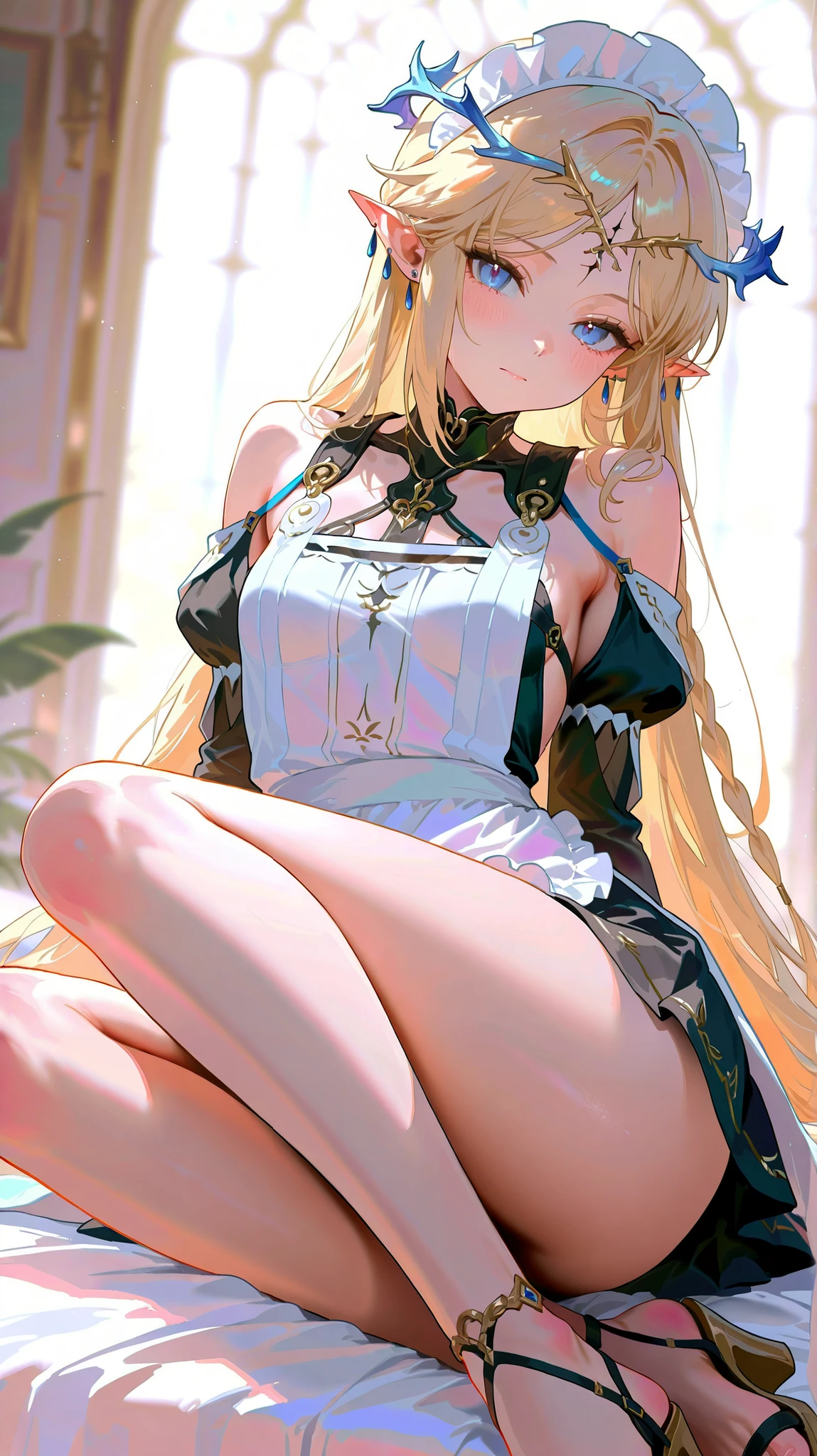 ((傑作 Highest quality:1.4)), ((Tabletop, Highest quality)), (8K quality), (Detailed Background:1.3), (Detailed face:1.3), (Cute age Girls, alone),Beautiful portrait、Delicate body、Frilled blouse,Long Check Skirt,Vintage, Long blonde hair,Cinematic Light,A small smile,Tilt your head、Lying in a fluffy bed、sunlight、Shaking breasts、、Nipples、((She spreads her legs wide open to show her pussy))、Flip Skirt、Luxury Clothing、Rainbow glow, Beautiful sparkle,