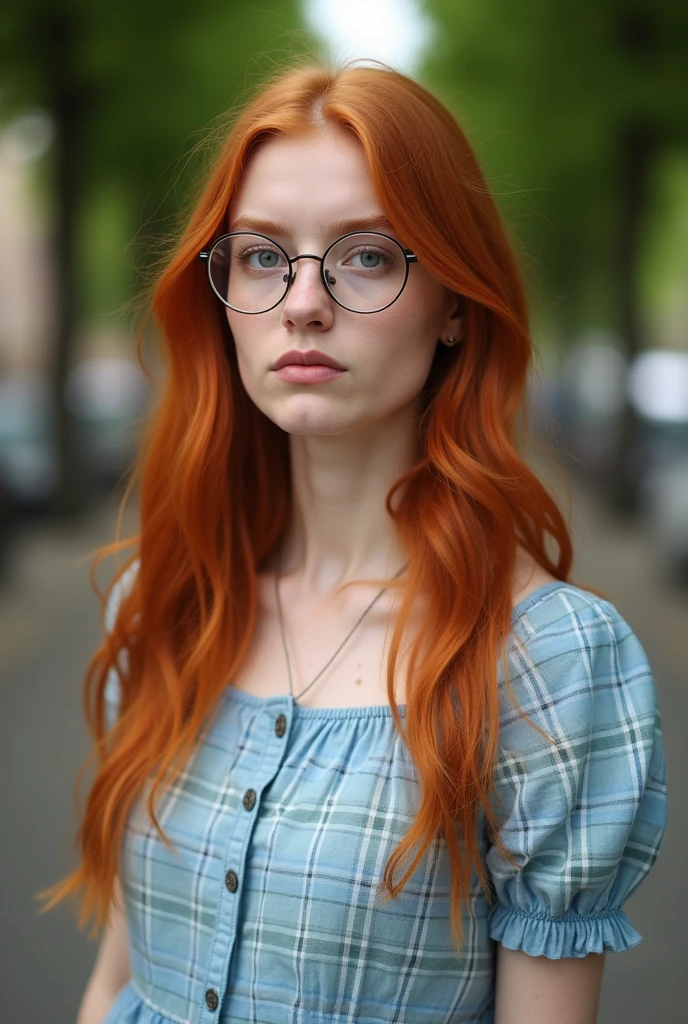 professional, masterpiece, 8k, hyperrealistic portrait of a 20yo cute ginger girl, long hair, redhead, glasses, (looking shy:1.3), freckles, detailed face, detailed skin, photography, hq, photorealistic,