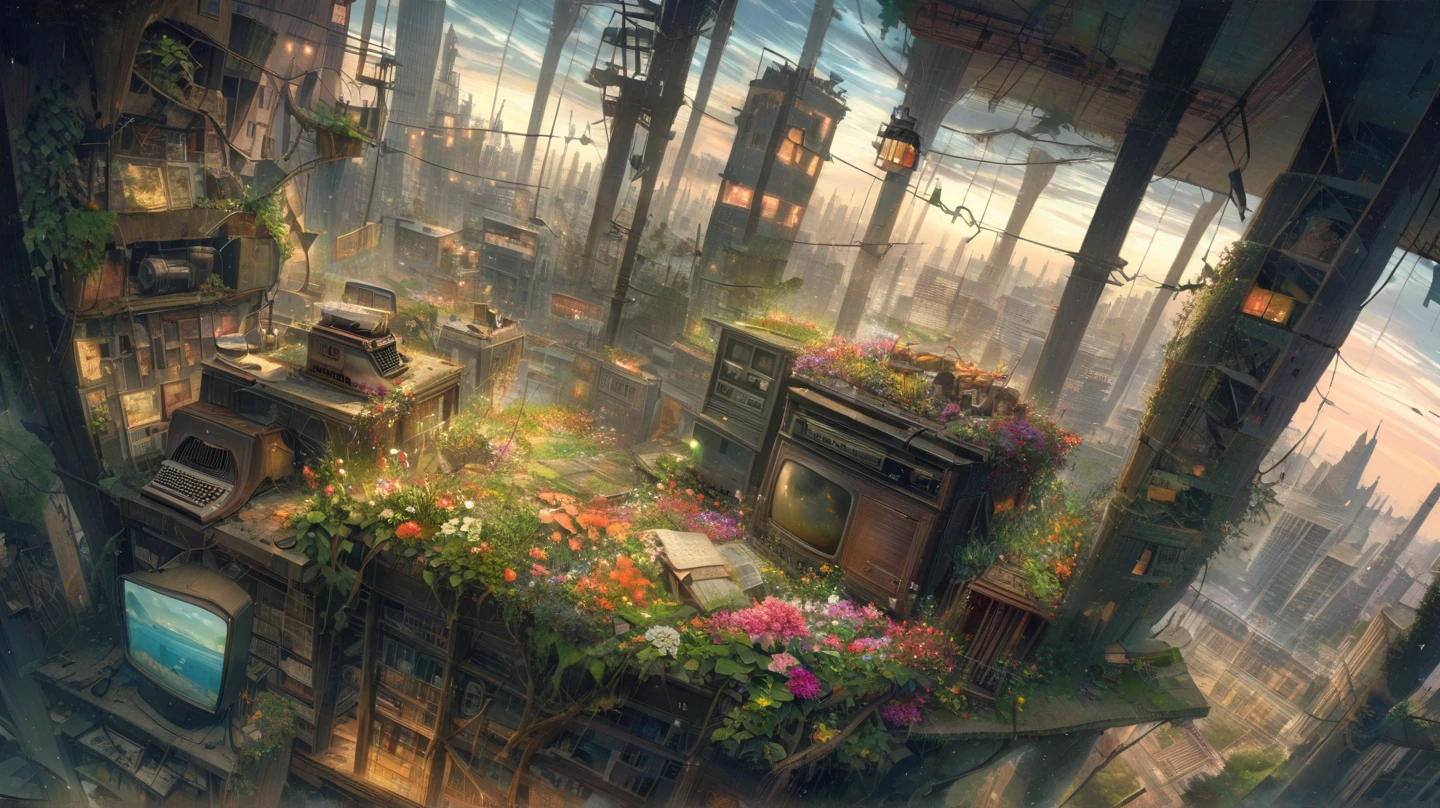 (studio ghibli and makoto shinkai anime: 1.4), (Wide angle) A surreal and dystopian dark nighttime cityscape, with rusty old typewriters, radios, and televisions and crumbling concrete buildings. In the foreground, a small oasis of life -- a micro garden filled with lush greenery and vibrant flowers. Plants grow hydroponically on the objects of old typewriters, radios, and televisions. Vines and twisting roots emerge, reclaiming the urban decay. light of moonlight filter through the hazy sky, illuminating the stark contrast between the harsh, lifeless city and the thriving micro ecosystem. A mix of realistic and surreal elements, with dreamlike colors and distorted perspectives.