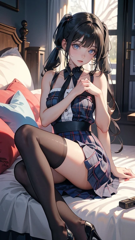Girl lying on bed with legs spread,Wearing very little and very shy,Eyes are confused,Strike a captivating pose,Beautiful and delicious,Seems helpless and unsatisfied,milk flowing between thighs,Clothes outline a graceful figure,Hair stuck to cheeks with sweat,Lift the girl's clothes from below
